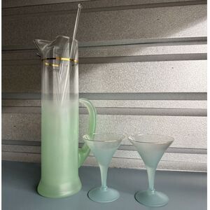 Vintage Blendo Green Frosted Glass Pitcher w/ Stirrer & 2 Martini Glasses MCM